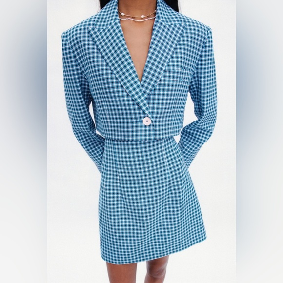 ZARA BLAZER CHECKED CROPPED LAPEL COLLAR & SKIRT - Picture 7 of 16